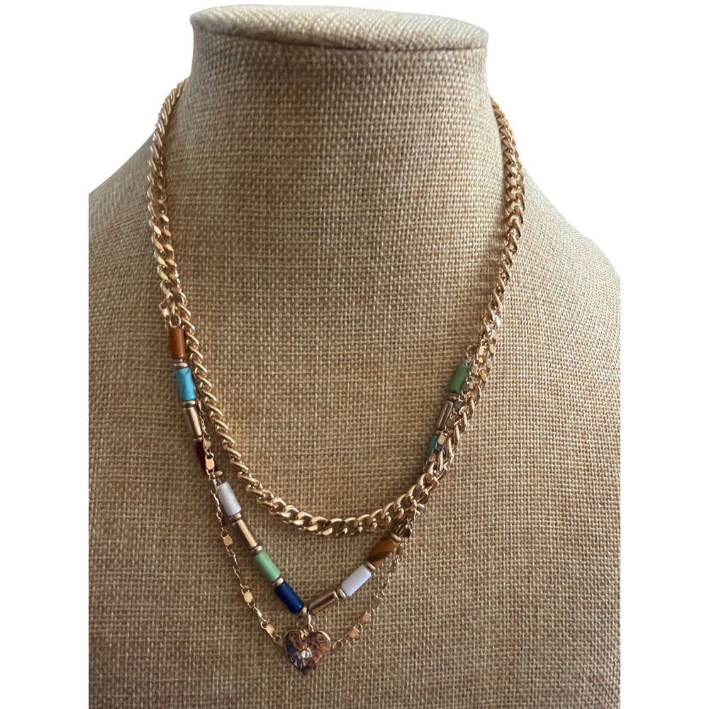 Gold Tone Triple Layered Necklace Colorful Beads Rhineston Boho Gifte Heart